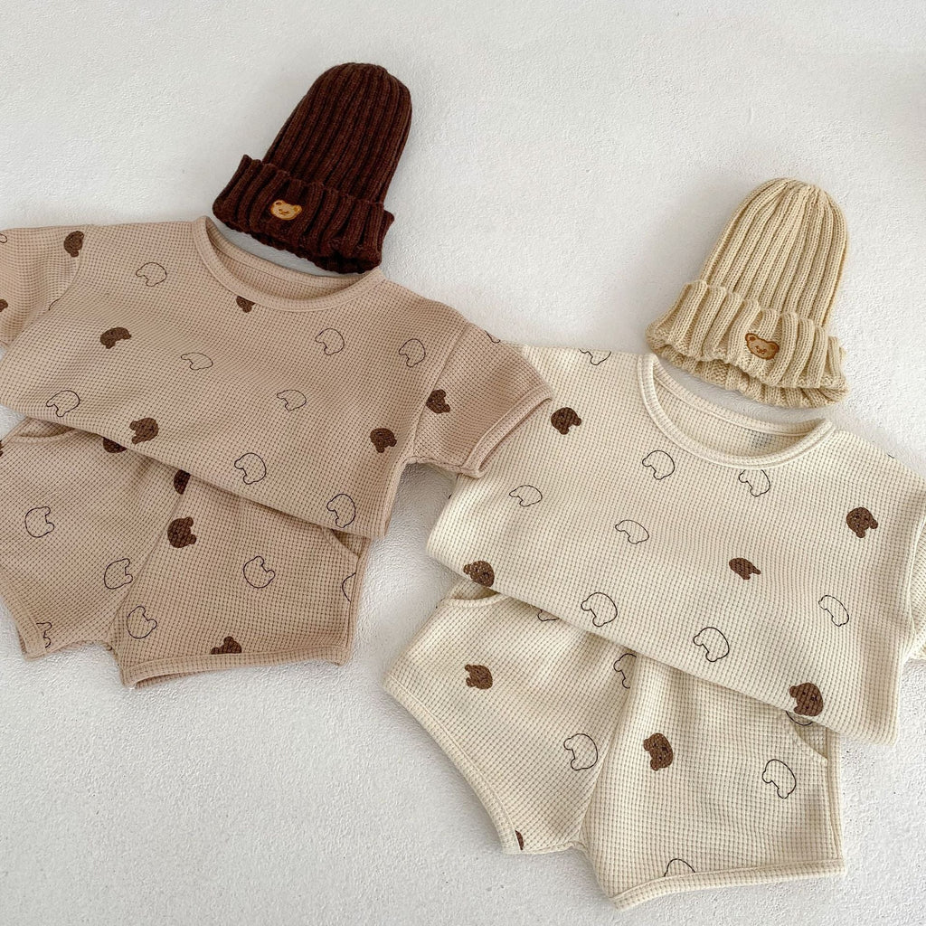 Baby Cartoon Print Pattern Waffle Knitted Fabric Clothing Sets