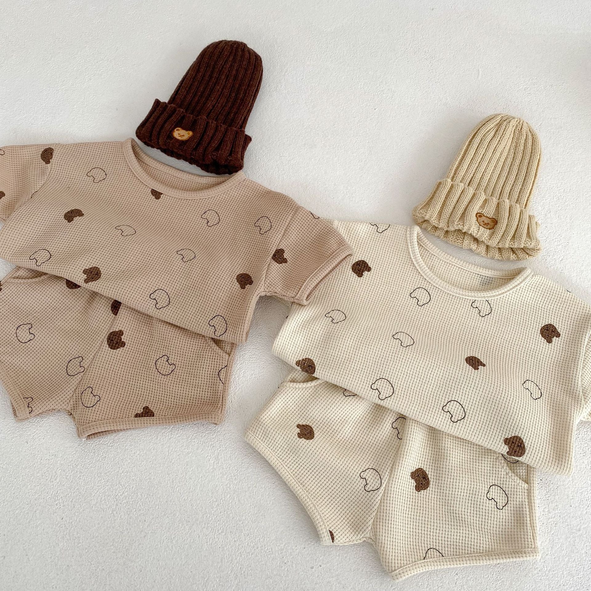 Baby Cartoon Print Pattern Waffle Knitted Fabric Clothing Sets